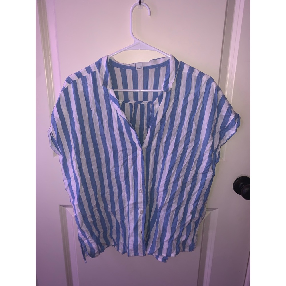 blue and white striped linen shirt